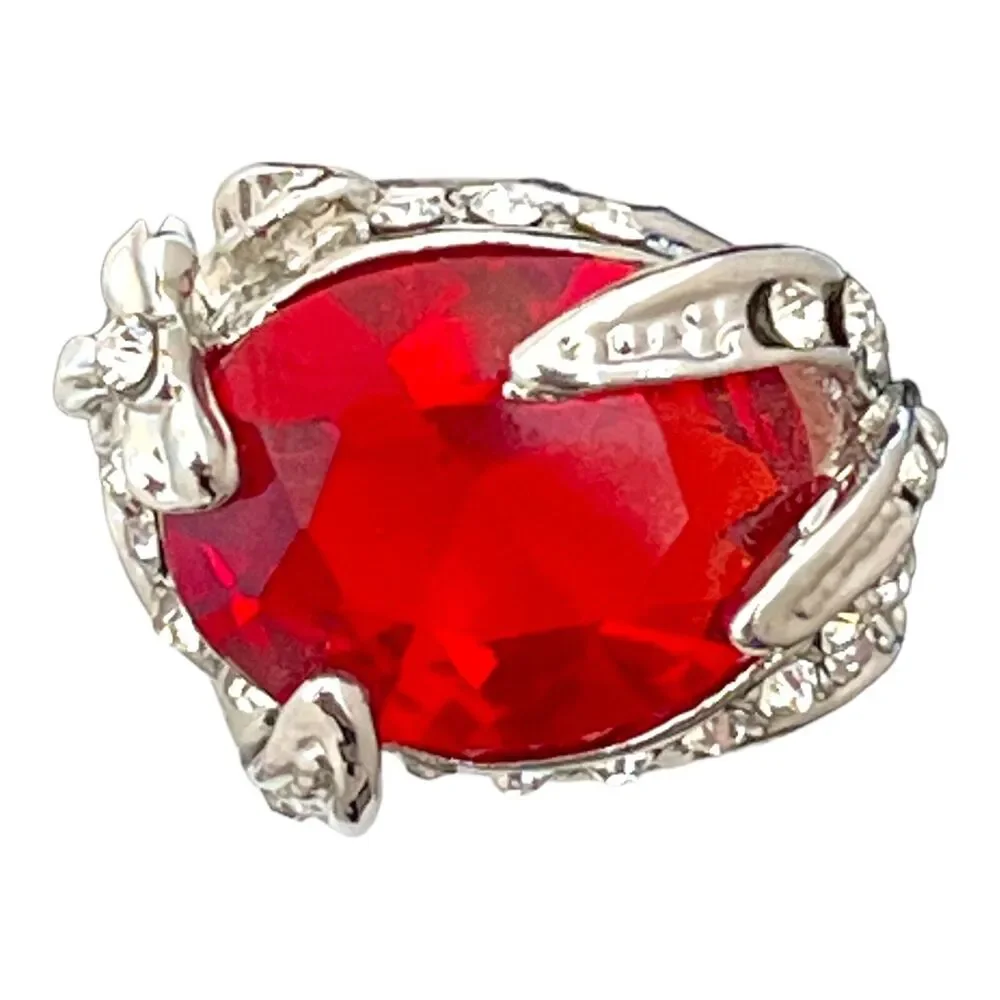 Vintage 1980s Red Crystal Statement Ring Rhinestone Silver Tone Size 6 - 5Z